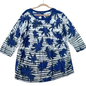 NIC+ZOE Women's 1X Floral Striped 3/4 Sleeve Tunic Sweater Top